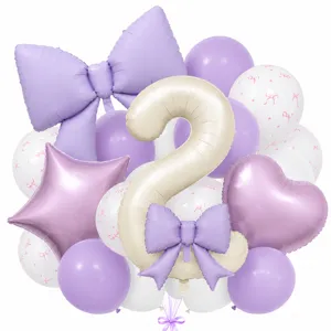 Cream bow number balloon set, pastel purple and cream latex foil balloons for kids birthday party.