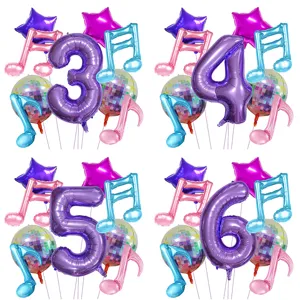Set di Palloncini in Lattice di Alluminio a Tema Musica Disco Viola Y2K Palloncino con Numeri a Forma di Stella con Note Musicali per Decorazioni per Feste di Compleanno