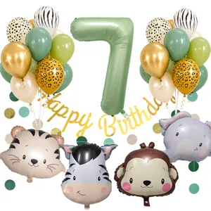 Set di pallonetti tema giungla 7 compleanno con numero 7 in alluminio e animali carini.