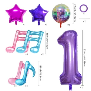 Set di palloncini in alluminio nota musicale disco viola decorazione festa compleanno numero 1.