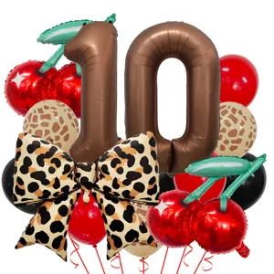 Retro Leo-Print und Kirsch-Ballon-Set, Zahlen 10 Folienballons für Party-Deko-Details.
