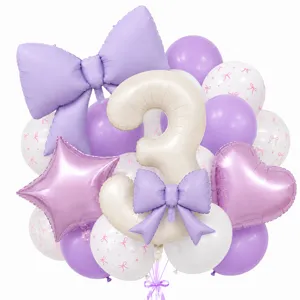 Pastel purple bow number 3 balloon set for baby first birthday party decoration details