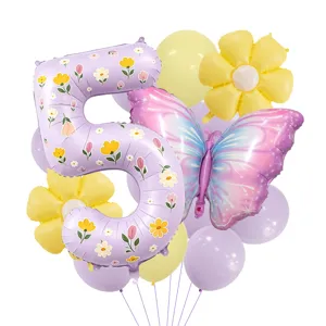 Spring purple daisy butterfly number 5 balloon set for birthday party and baby shower decoration.