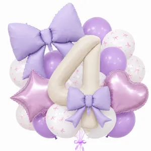 Cream bow number 4 balloon set for baby first birthday party and elegant celebration decor.