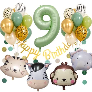 Set di palloncini di compleanno tema animali della giungla verde retro con numero nove.