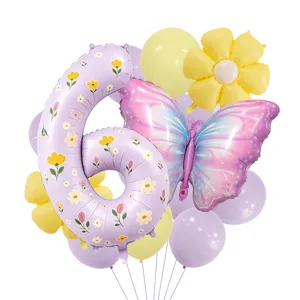 Spring purple daisy butterfly number 6 foil balloon set for kids birthday party decor.
