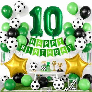 Set di palloncini di compleanno calcio verde con numero 10 e striscione per festa.