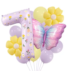 Spring floral number 7 and butterfly balloon set for kids birthday party decoration