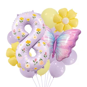Detailed view of spring purple daisy butterfly number 8 balloon set for birthday party decor.