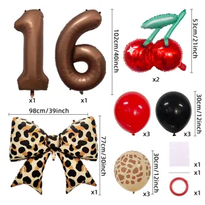 Detailansicht mit Abmessungen und Komponenten des Retro-Leoparden-Kirsch-Geburtstagsballonsets.
