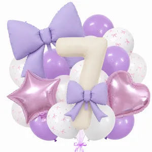 Cream number 7 balloon set with purple bows, star and heart foil balloons for birthday party.