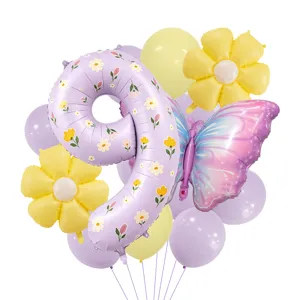 Spring purple floral number 9 butterfly foil balloon set for birthday party decorations detail