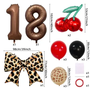 Retro Leo-Muster und Kirsch Ballon Set mit Nummer 18 Folienballons für Geburtstag Party Dekoration.