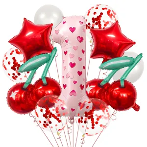 Cherry 1st birthday balloon set with pink number one and red star foil balloons for party decor.