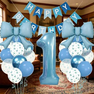 Kit de ballons bleu 1er anniversaire avec grands nœuds et bannière joyeux anniversaire