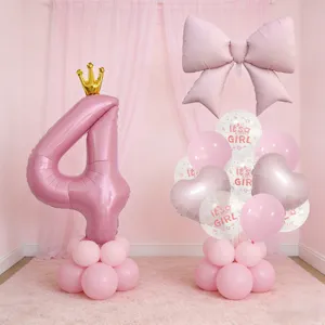 Rosa Kronennummer 4 und Schleifen Ballon Set für Babyparty Geburtstag Dekoration