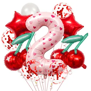 Cherry heart balloon set pink number 2 foil balloons for kids birthday party decor celebration