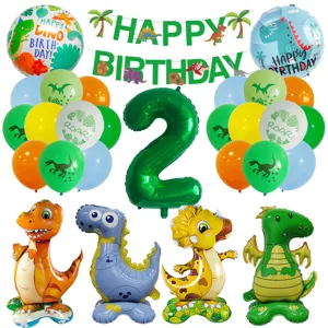 Dschungel grüne Dinosaurier Ballon Set mit Nummer 2 Folienballon für Kinder Geburtstag Deko