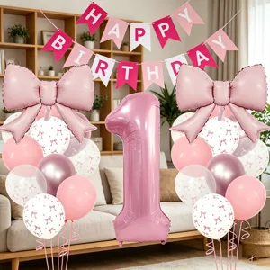 Kit de ballons d'anniversaire nœud rose avec ballon aluminium chiffre un et guirlande.