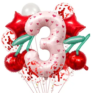 Cherry heart number 3 foil balloon set birthday party decoration supplies balloon bundle