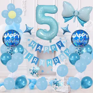 Kit de globos de fiesta de cumpleanos azul con globos de lamina de numero 5 y guirnaldas