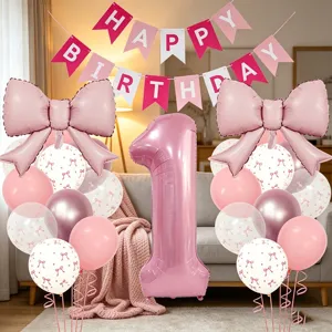 Ensemble de bannière de ballon d'anniversaire nœud rose déco fête film aluminium