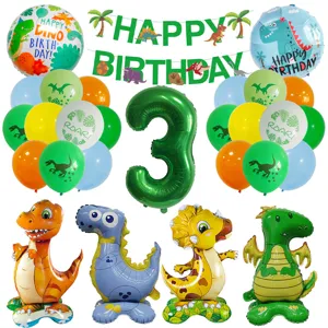 Grünes Dinosaurier Geburtstag Luftballons Set mit Nummer 3 Folienballon und Banner.