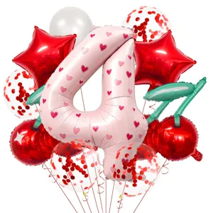 Cherry heart foil balloon set for birthday party scene decoration and festive atmosphere.