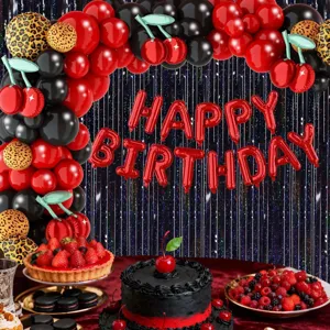 Vintage cherry balloon arch kit with red black and leopard print balloons for birthday party decor