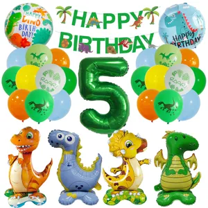 Dinosaurier Geburtstag Party Ballon Set mit grüner Nummer 5 Folienballon und bunten Latexballons.