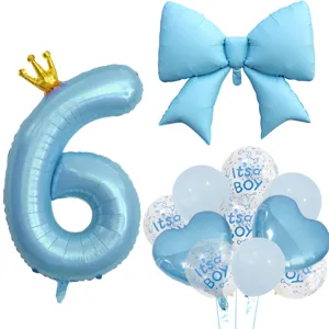 Blaues Kronen-Nummer-6- und Schleifen-Ballon-Set mit bedruckten Ballons für Baby-Shower-Party.