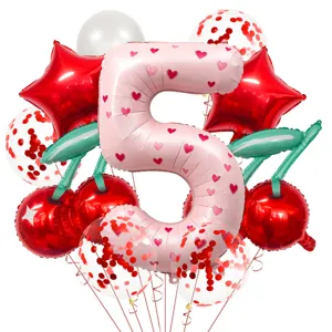 Pink number 5 foil balloon set with cute cherry and red star balloons for birthday party decor