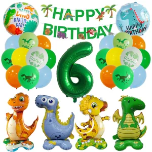 Dschungel grüne Dinosaurier Ballon Set, Geburtstag Party Dekoration mit Zahl 6 Folienballon.