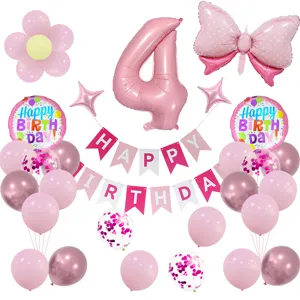 Conjunto de globos para decoracion de fiesta de 4 cumpleanos rosa con pancarta y globos