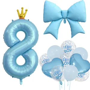 Babyparty blaue Ballon-Set mit Kronennummer 8, Schleife und Herz Folienballons für Party.