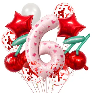 Cherry heart number 6 foil balloon set for birthday party scene decoration red and pink