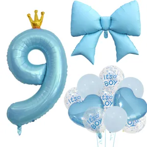 Blaues Nummer 9 Kronen-Ballon, Schleifen-Ballon und Junge gedruckt Latex Ballons.