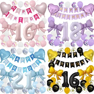 Matte Birthday Balloon Decorations Kit Aluminum Foil Heart Bow Balloon Banner Garland Birthday Party Decor For Adults Kids