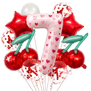 Cherry and heart number 7 foil balloon set for birthday party decoration detail view.