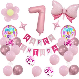 Set de globos de decoración de fiesta de 7 cumpleaños rosa para niñas y niños
