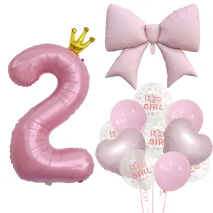 Rosa Nummer 2 Krone Folienballon Schleife Ballon Set Baby Mädchen Geburtstag Party Deko Zubehör