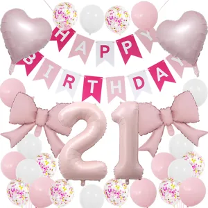 Pink birthday balloon set with heart foil balloons, bows, and a Happy Birthday banner.
