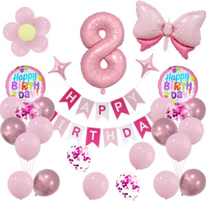 Set de decoracion de globos para fiesta de 8 cumpleanos rosa con pancarta y latex