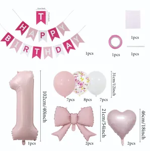 Matte pink birthday balloon decoration set with number 1 foil balloon, banner and party accessories.
