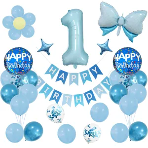 Set de globos para fiesta de 1er cumpleaños azul con número uno y banderines.