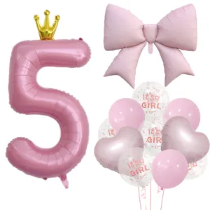 Rosa Nummer 5 Kronen Ballon Set mit grosser Schleife fur Babyparty Partydeko Zubehoer.
