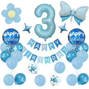 Set de globos de fiesta de cumpleaños azules con globo de aluminio número 3, guirnalda y confeti.
