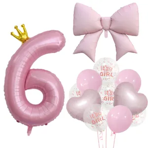 Rosa Nummer 6 Ballon Set mit Krone Schleife und Herz Folienballons fuer Baby Maedchen Geburtstag.