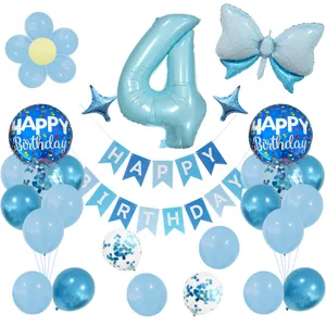 Set de globos de cumpleaños azul con número 4, mariposa, banderín para fiesta infantil.