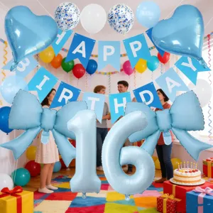 Matte blue birthday balloon set with banner, heart and bow foil balloons for party decor.